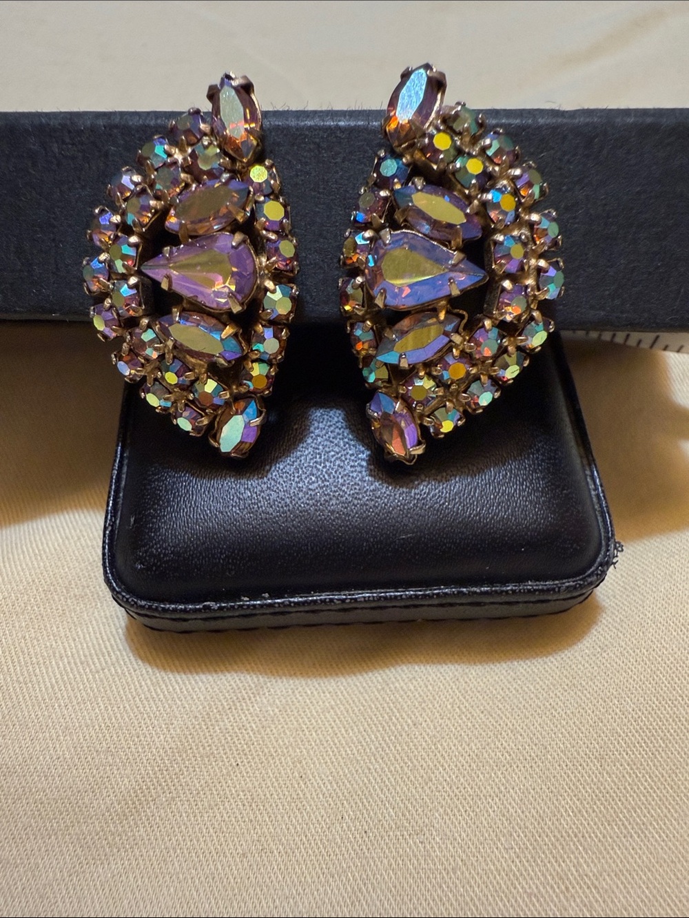 Aurora Amber. Crystal Teardrop Clip-On Earrings - Iridescent Gold Tone